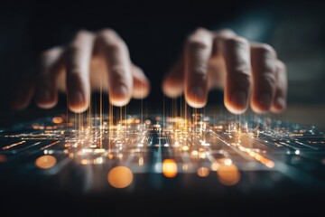 Hands hovering over glowing circuit board