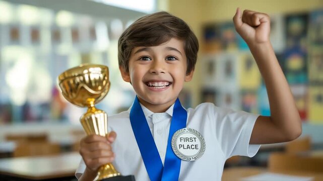 Young winner proudly holds golden trophy and first place medal, celebrating academic achievement in classroom