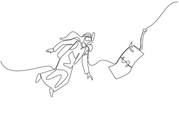 Continuous one line drawing arab man diving and chasing hook with dollar bills attached. Interested in an instant way. National Senior Fraud Awareness Day. Single line draw design vector illustration