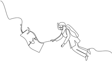 Single one line drawing arab woman diving and chasing a hook with dollar bills attached. Got scammed. Very detrimental. National Senior Fraud Awareness Day. Continuous line design graphic illustration