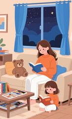 Mother and Daughter Reading Together in Cozy Room
