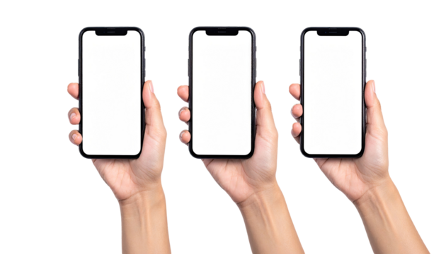 Three hands holding smartphones with blank screens (1)