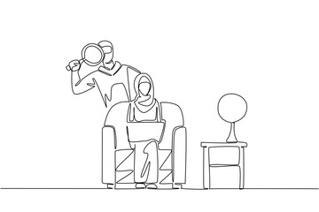 Continuous one line drawing arab woman holds laptop and the thief uses a magnifier. Inserting fake links for phishing. National Senior Fraud Awareness Day. Single line draw design vector illustration