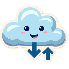 Cute cloud computing upload download data storage network server backup technology cartoon illustration vector sticker icon on transparent background 
