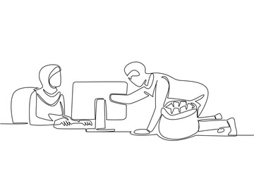 Single one line drawing an arab woman typing and a thief putting money into a money bag. Helpless. Very bad system. National Senior Fraud Awareness Day. Continuous line design graphic illustration