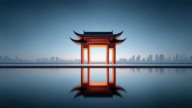 Classical Chinese Architecture and City Skyline Reflected in Water