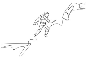 Single continuous line drawing astronaut jumps off cliff trying to reach a big hand holding a dollar bill. An attractive lure. National Senior Fraud Awareness Day. One line design vector illustration