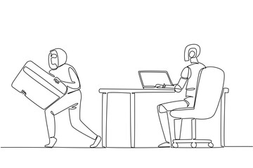 Single continuous line drawing robots type on laptops and masked thieves take credit cards. Intelligence system penetrated. National Senior Fraud Awareness Day. One line design vector illustration