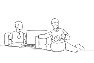 Single one line drawing robot typing and thief putting money into money bag. Intelligence system successfully hacked. National Senior Fraud Awareness Day. Continuous line design graphic illustration