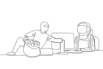 Continuous one line drawing astronaut typing and thief putting money into money bag. Hacking harms users. Bankrupt. National Senior Fraud Awareness Day. Single line draw design vector illustration