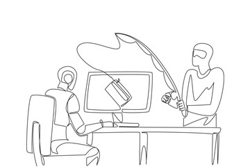 Continuous one line drawing robot typing and thief fishing credit card from the top of the screen. Breaking security. National Senior Fraud Awareness Day. Single line draw design vector illustration