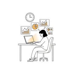 Woman working on laptop with charts and graphs