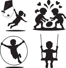 Childrens silhouettes playing outdoors with kite swing and ball Keywords: children, kids