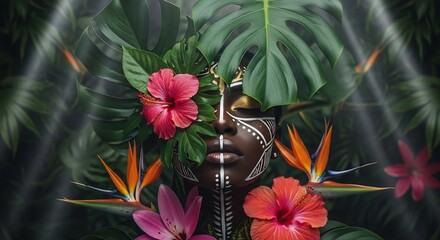 African beauty goddess in lush jungle flora. Perfect for beauty brands, cosmetics, nature-themed projects, spiritual wellness, empowering campaigns, and celebrating Black culture.
