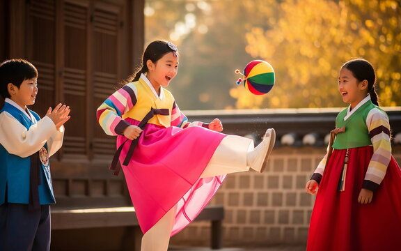 한복 입고 공놀이하는 어린이 / Child Playing Ball in Hanbok