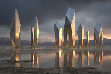 Geometric skyscrapers reflect in a desert lake at sunset