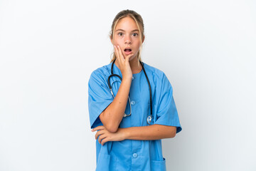 Little caucasian girl disguised as surgeon isolated on white background surprised and shocked while...