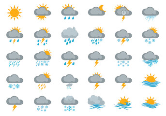 Obraz premium Weather and climate icons, colorful flat vector, isolated.
