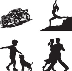 Silhouettes of Monster Truck Yoga Woman Boy with Dog and Dancing Couple Keywords: silhouette