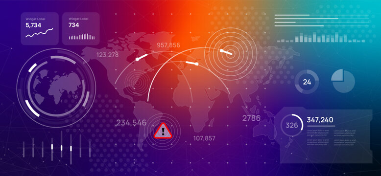 Nuclear war rocket launch dashboard displaying a world map with military-style missile trajectories and a central warning sign illustration global conflict military threats or defense systems