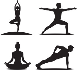 Four black silhouettes of individuals performing different yoga poses Keywords: yoga, silhouette