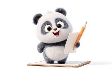 A playful panda cub drawing with crayons on paper while smiling excitedly, 3d animation, isolated on a white background