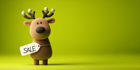Fototapeta premium Funny reindeer carrying SALE tag on vivid green background. Cartoon festive still life radiates seasonal cuteness and joy.