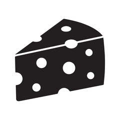 Swiss cheese wedge icon. Black food silhouette with holes. Dairy product vector illustration.
