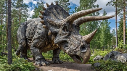 Fototapeta premium Triceratops, a giant dinosaur from the Jurassic period, walking through the forest on a sunny summer day. A wild lizard grazes in a children's dino park.