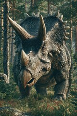 Fototapeta premium Triceratops, a giant dinosaur from the Jurassic period, walking through the forest on a sunny summer day. A wild lizard grazes in a children's dino park.