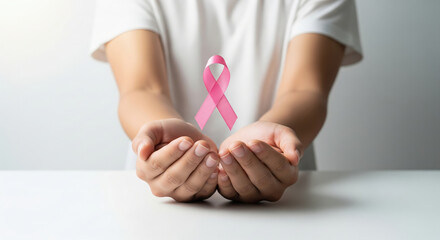 Hands holding a floating pink ribbon for breast cancer awareness. Concept of support, charity, and donation.