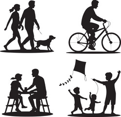Silhouettes of Family Activities Including Walking Dog Biking and Flying Kite people