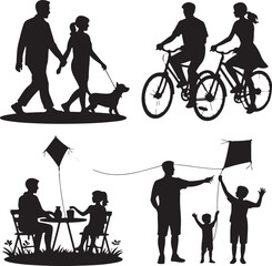 Silhouettes of Family Activities Including Walking Dog Biking and Flying Kite people