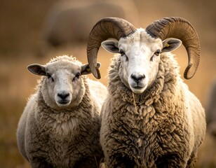 Fototapeta premium Two sheep, close-up, in field