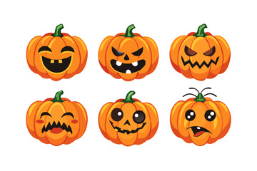 Set of six halloween pumpkins with different facial expressions