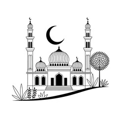 Detailed Mosque Illustration with Crescent Moon and Decorative Elements in Black and White Artistic Representation