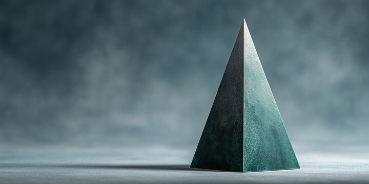 Geometric Christmas tree obelisk on pastel grey background. Minimal festive still life blends tradition and modern abstraction.