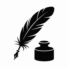 Classic Quill Pen and Inkwell Illustration for Writers and Historical Themes Black and White Vector Image Design Element
