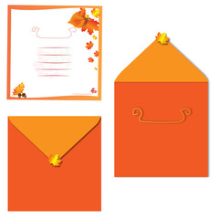 Card with envelope on autumn theme, made in corresponding colors. Wedge leaf can be used as a sticker on the back of the envelope. Vector illustration