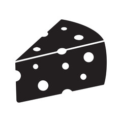 Swiss cheese wedge icon. Black food silhouette with holes. Dairy product vector illustration.
