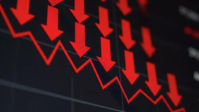 Stock market crash and financial crisis concept illustrated by a declining red graph with downward arrows symbolizing a severe economic downturn