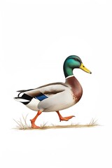 Male Mallard Duck Walking on White Background