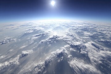 High-angle view of a planet's cloud cover.  Vast expanse of white, fluffy clouds stretching across the frame.  Bright sun visible above the clouds.  A deep blue atmosphere surrounds the scene