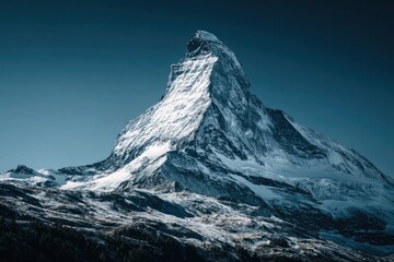 Majestic snow-capped mountain peak against a clear blue sky