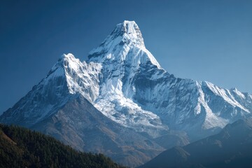 Majestic snow-capped mountain peak against a vibrant blue sky. Lush foothills below