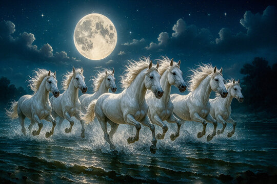 Seven White Horses Galloping Under a Soft Sky at Twilight Ai genret  Image 