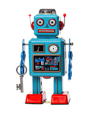 Fototapeta premium Retro turquoise robot toy, standing pose. Detailed tin-plated figure with large eyes, antennae, and red accents. Key in hand. Vintage design