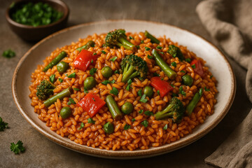 Fototapeta premium Vibrant Vegetarian Dish: A top-down shot showcases a plate filled with a colorful array of fresh, cooked vegetables, creating a flavorful and nutritious vegetarian meal.
