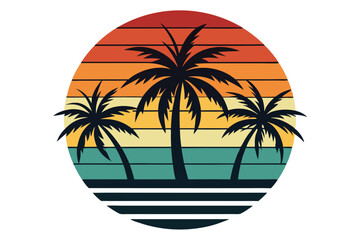 Dark palm silhouettes stand boldly against a retro sunset backdrop within a circular frame