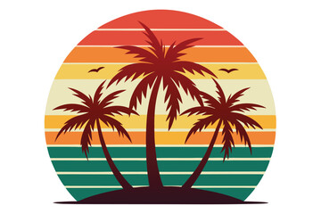 Three palm trees are silhouetted against a vibrant retro sunset, adding a summer vibe